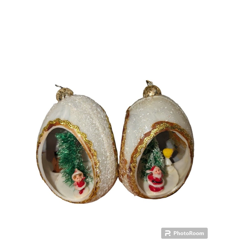 Vintage Set of 2 Plastic Glitter Egg Ornaments Vintage Santa Scene 3"